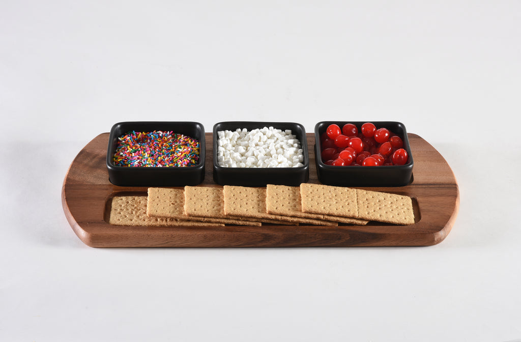 Charcuterie/ Serving Tray w/ 3 black square ceramic bowls